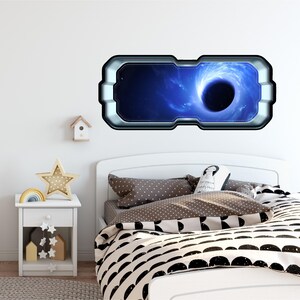 May include: A black hole in space seen through a futuristic window frame. The window is a wall decal for a child's bedroom.