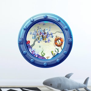 Cartoon Porthole Window Wall Decal - Cartoon Town Sea Bottom Ocean - 3D Window Sticker - Removable Fabric Decal - Peel and Stick - Kids Room