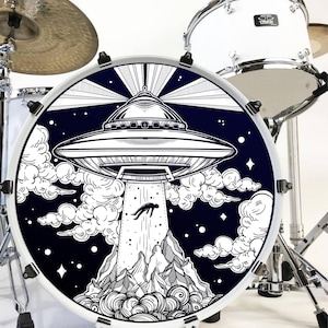 Drumhead Decal Cover Alien Abduction UFO Removable Fabric Vinyl Bass Drum Sticker Graphic by StickitGraphix