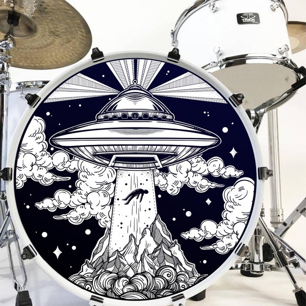 Drumhead Decal Cover Alien Abduction UFO Removable Fabric Vinyl Bass Drum Sticker Graphic by StickitGraphix