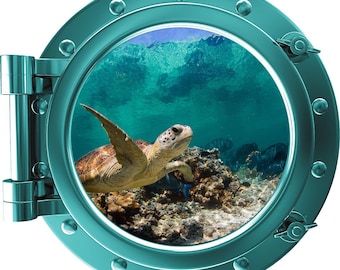 COLORED PORTSCAPE Aqua Sea Turtle #4 Porthole Wall Sticker Graphic Decal Instant Sea Window View Kids Game Room Decor Art