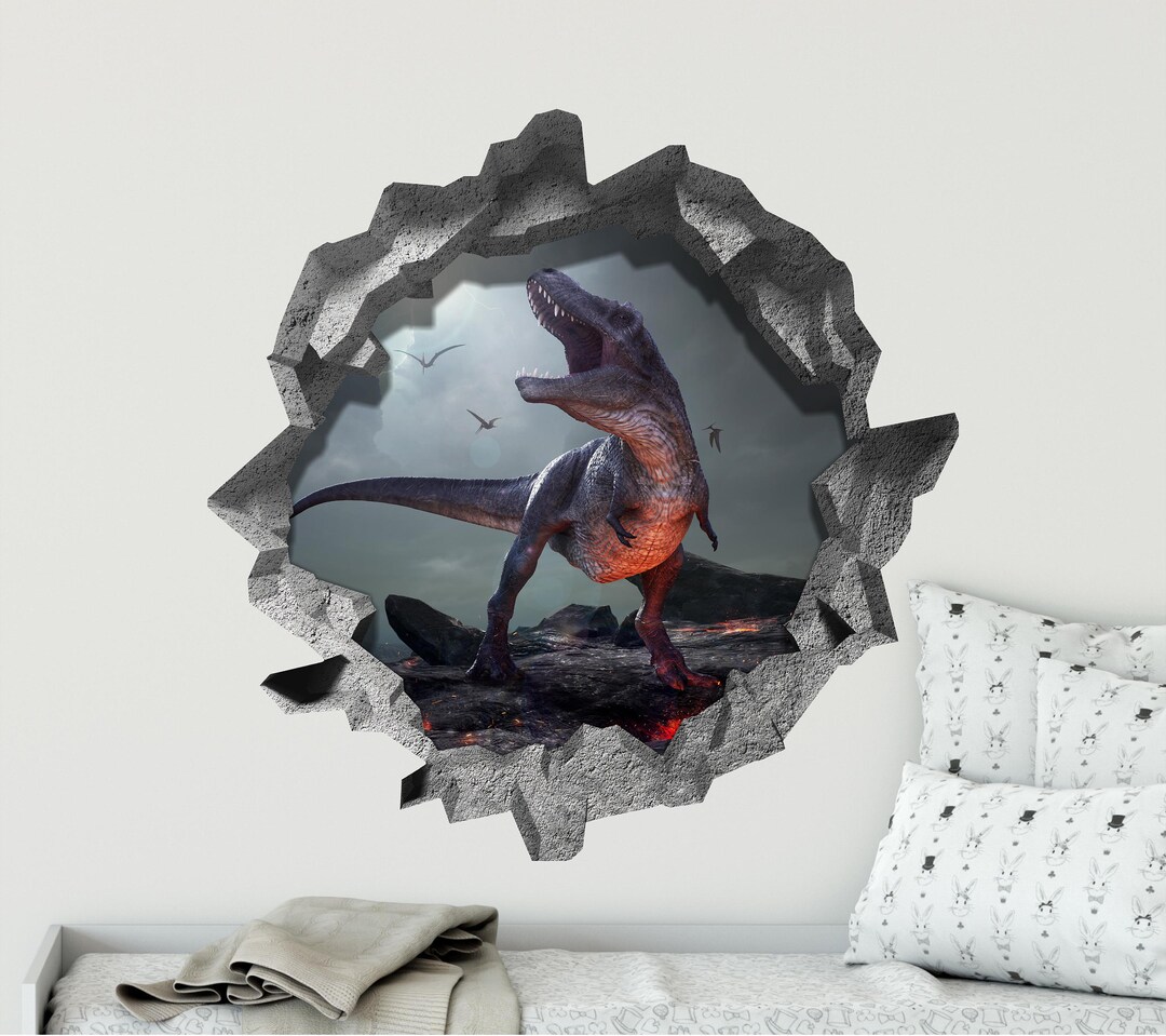 3D Hole in the Wall Decal - T-rex on Volcano - Jurassic Dinosaur - 3D ...