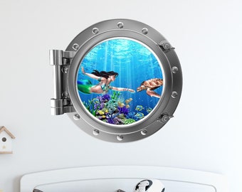 3D Porthole Window Wall Decal Sticker Mermaid & Sea Turtle #1 Port Scape Coral Reef Under The Sea Ocean Kids Room Decor