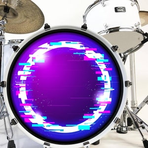 Decal Neon Techno Glitch Bass Drum Head Skin Decal - Graphic Drumhead Sticker for Drum Kit Customization - Durable, Easy Apply - Made in USA
