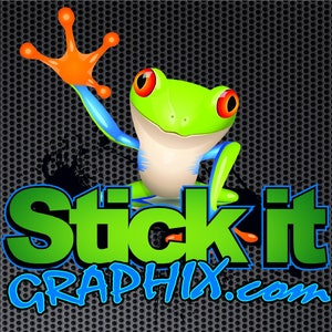 May include: A green tree frog with blue and orange accents waves with its right hand. The frog is in front of a black and white background with the text "Stick It GRAPHIX.com".
