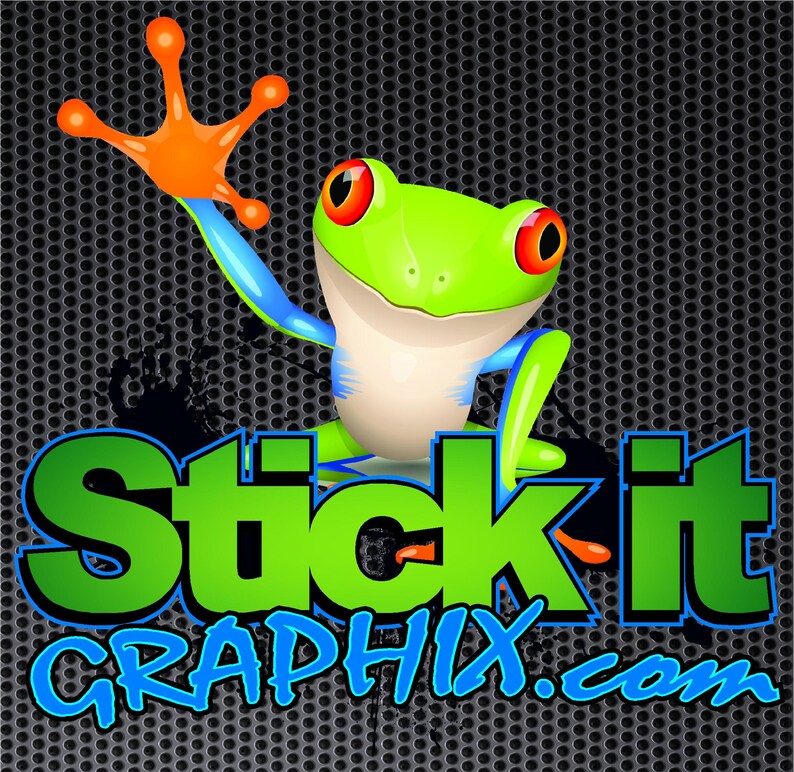 May include: A green tree frog with blue and orange accents waves with its right hand. The frog is in front of a black and white background with the text "Stick It GRAPHIX.com".