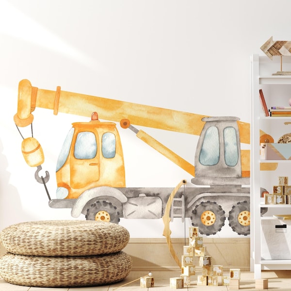 Construction Wheeled Crane Wall Decal Watercolor – Truck Peel and Stick Removable Fabric Sticker for Boys Room, Nursery or Playroom