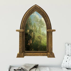Castle Scape Rock Towers #1 Stone Castle 3D Window Wall Decal Sticker Mural Kids Bedroom Playroom Medieval Fantasy Fairytale Decor