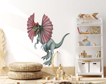 Dilophosaurus Wall Decal, Dinosaur Wall Art for Kids Room, Boys Bedroom, Theropod Dino Wall Sticker, Boys Jurassic Nursery Room Decor