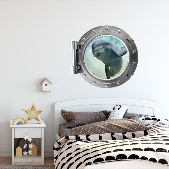 Full Colour Dolphin Porthole Wall Sticker Decal Kids Bedroom Decoration Ocean Sea