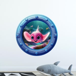 Cartoon Pink Stingray Porthole Window Wall Decal Under The Sea Ocean Removable Fabric Wall Sticker