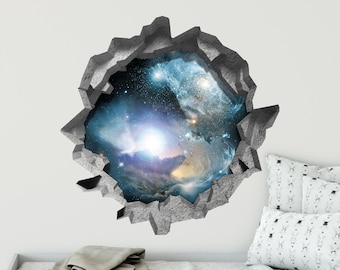 May include: A 3D wall decal depicting a cracked wall revealing a colorful nebula with stars and galaxies. The decal is designed to create an illusion of a hole in the wall, offering a glimpse into space.