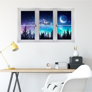 Window Scape Milky Way Aurora 3D Window Wall Decal Sticker Galaxy Mural Self Adhesive Vinyl Night Sky Stars Forest Moon Home Decor image 2