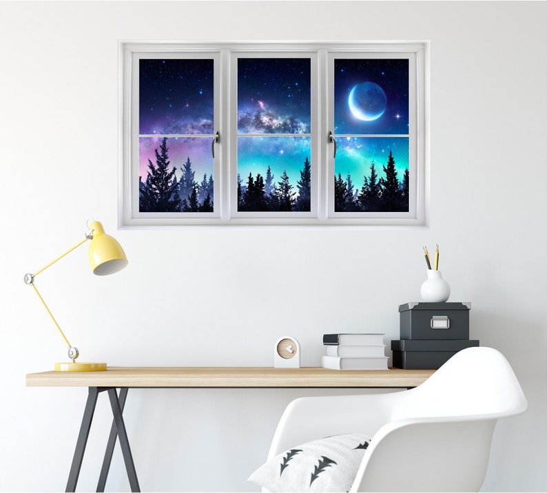 Window Scape Milky Way Aurora 3D Window Wall Decal Sticker Galaxy Mural Self Adhesive Vinyl Night Sky Stars Forest Moon Home Decor image 2