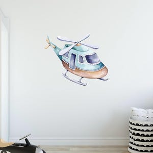 Watercolor Helicopter #2 Wall Decal Cartoon Air Transportation Wall Sticker Removable Fabric Vinyl for Boys Playroom Nursery Room Decor