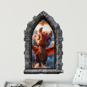 Stone Castle Window Wall Decal - Little Red Dragon - CastleScape Window - Fantasy Wall Art - Removable Fabric Wall Sticker - Peel & Stick