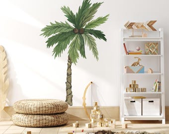 Watercolor Palm Tree Wall Decal, Prehistoric Dinosaur Fauna Room Decor, Kids Nursery Wall Art, Palm Tree Wall Sticker, Peel and Stick