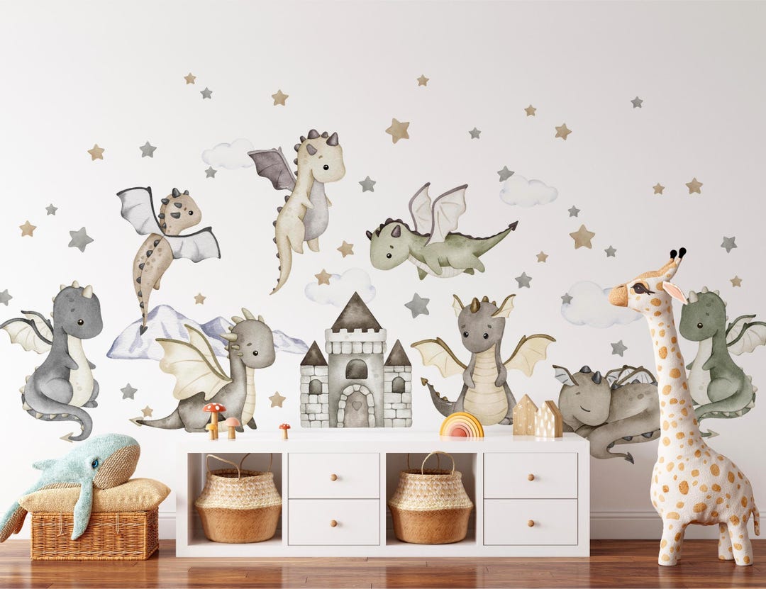 Watercolor Baby Dragons Wall Decal Set, Peel and Stick Fabric Wall ...