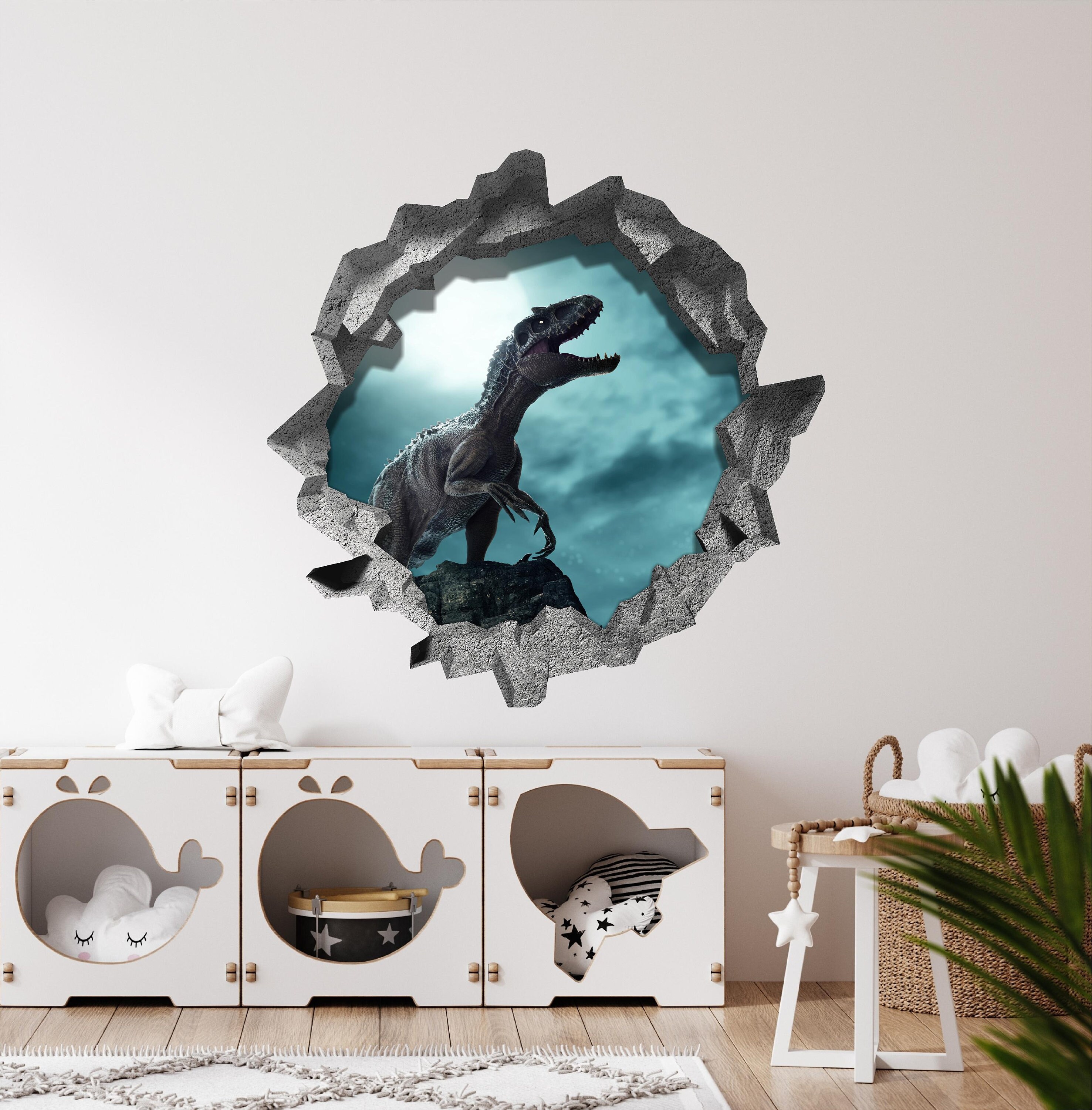 Autocollant Mural 3D Dinosaure Indoraptor Jurassic Park - Effet Trou Dans Le Mur - Vinyle Amovible