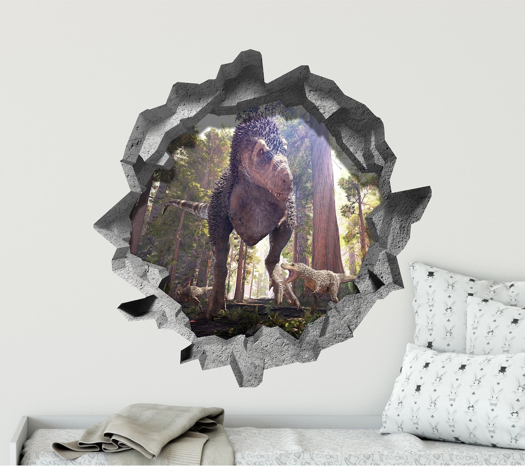 3D Hole in the Wall Decal - T-rex & Babies - Jurassic Dinosaur - 3D ...