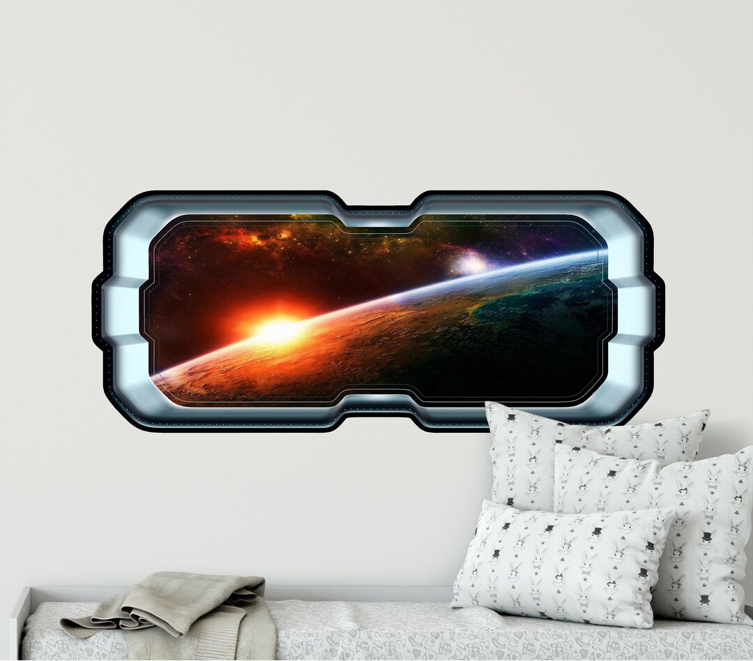 3D Spaceship Window Wall Decal - Planet Sunrise Space Scape - Outer ...