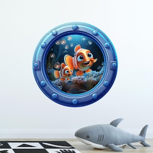 Cartoon Clownfish #2 Porthole Window Wall Decal Under The Sea Ocean Removable Fabric Wall Sticker
