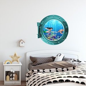 Port Scape Mermaid & Sea Turtle COLORED Porthole Window Wall Decal 3D Wall Sticker for Childrens Bedroom Playroom Decor