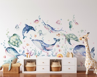 Watercolor Ocean Wall Decals, Whale Nursery Decor, Sea Animal Wall Stickers, Under the Sea Nursery, Marine Life, Coastal Baby Room Wall Art