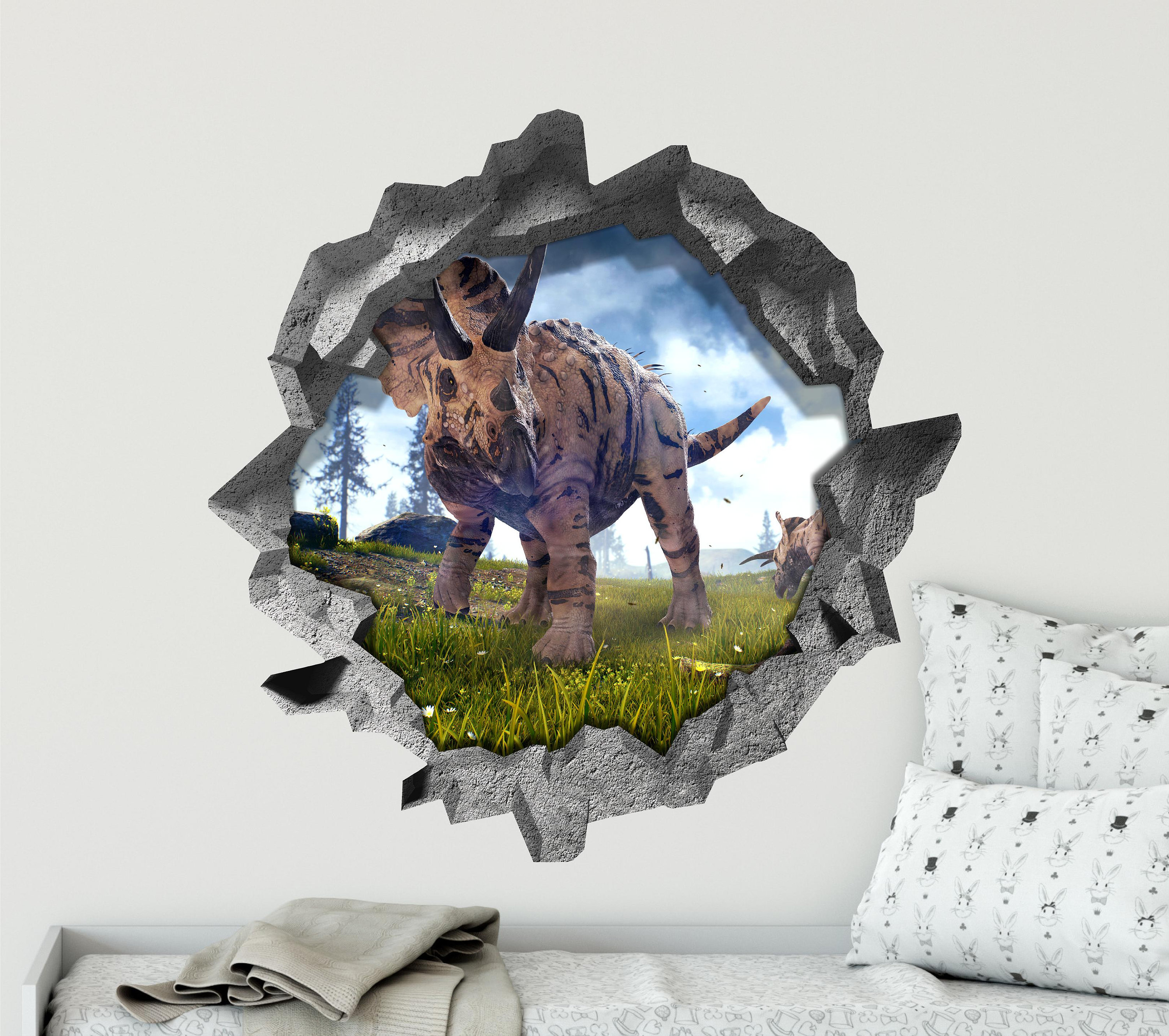 3D Hole in the Wall Decal - Triceratops Grazing - Jurassic Dinosaur ...