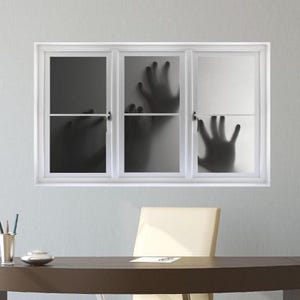 3D Window Decal - 3D Wall Mural - Window Wall Decal - Fake Window - White Frame Window - Creepy Hands Vinyl Decal - Peel & Stick image 1