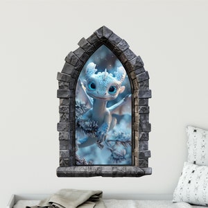 Stone Castle Window Wall Decal - Baby Ice Dragon - CastleScape Window - Fantasy Wall Art - Removable Fabric Wall Sticker - Peel & Stick
