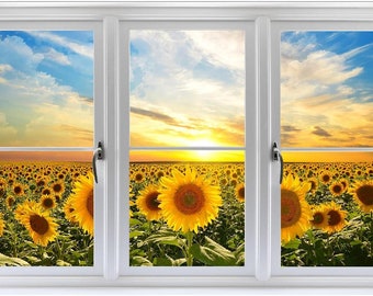 3D Window Sunflower Field Sunset #2 Wall Sticker Decal Yellow Flower Mural Instant Open Window Kids Nursery Room Office Decor Window Scape