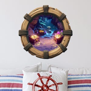 Pirate Treasure Cave Porthole Window Wall Decal, Tropical Cave, Pirate Ship Port Hole Wall Sticker, Removable, Peel & Stick Decor