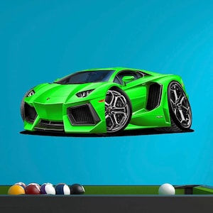 Lamborghini Aventador V12 Wall Decal, 3D Cartoon Car, Luxury Exotic Hyper Lambo, Removable Vinyl Wall Stickers for Boys Room NEW COLORS!
