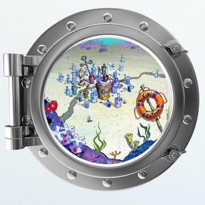 12" x 12" Porthole Window Wall Decal - Cartoon Town Underwater Deep Sea Town Wall Sticker