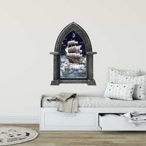 CastleScape Fantasy Pirate Ship In Clouds Castle Window Wall Sticker Decal Peel and Stick Mural Medieval Fantasy Fairytale Kids Room Decor