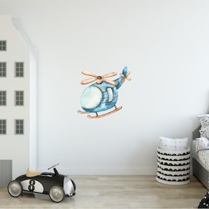 Watercolor Helicopter #1 Wall Decal Cartoon Air Transportation Wall Sticker Removable Fabric Vinyl for Boys Playroom Nursery Room Decor