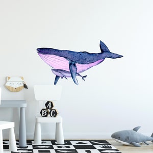 Galaxy Humpback Whale with Baby Wall Decal Watercolor Wall Stickers Ocean Sea Animal Peel Stick Removable Fabric Vinyl Childrens Room Decor