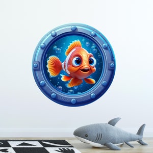 Cartoon Baby Clownfish Porthole Window Wall Decal Under The Sea Ocean Removable Fabric Wall Sticker