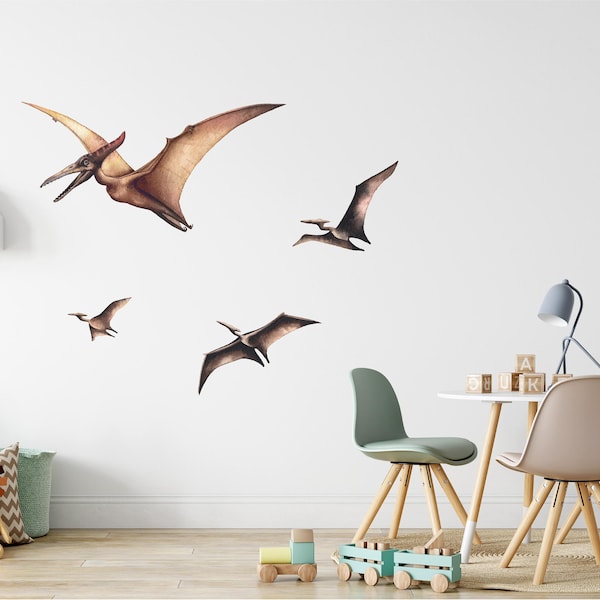 Watercolor Dinosaur Pterodactyl Wall Decal Set of 4 Removable Fabric Vinyl Wall Sticker for Boys Nursery Playroom