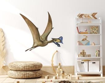 Pterodactyl Wall Decal, Blue Head Flying Dinosaur Wall Art for Kids Room, Boys Bedroom Wall Sticker, Dino Nursery Room Decor, Peel and Stick