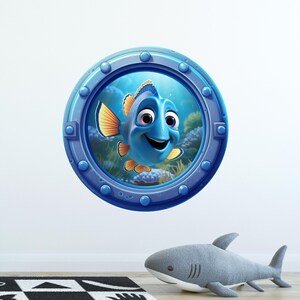 Cartoon Blue Tang Porthole Window Wall Decal Tropical Fish Under The Sea Ocean Removable Fabric Wall Sticker