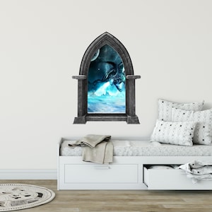 CastleScape Ice Dragon #1 Stone Castle 3D Window Wall Decal Sticker Mural Kids Bedroom Playroom Nursery Medieval Fantasy Fairytale Decor