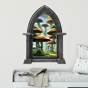 Mushroom Forest #1 Castle Window Wall Decal, Fairy Tale Wall Art, Enchanted Forest Wall Art, Mushroom Wonderland, Peel and Stick