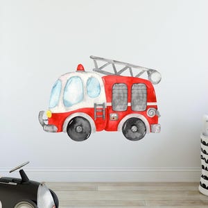 Watercolor Fire Truck Wall Decal Cartoon Fire Engine Transportation Wall Sticker Removable Fabric Vinyl for Boys Playroom Nursery Room Decor