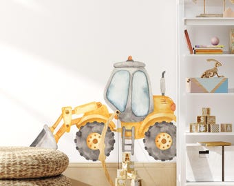 Construction Front Loader Wall Decal Watercolor – Tractor Vehicle Peel and Stick Removable Fabric Sticker Boys Room, Nursery Playroom