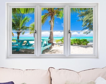 Tropical Beach View 3D Window Wall Decal: Living Room Decor