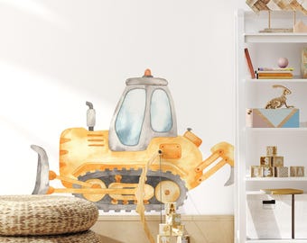 Construction Bulldozer Wall Decal Watercolor – Dozer Vehicle Peel and Stick Removable Fabric Sticker for Boys Room, Nursery or Playroom