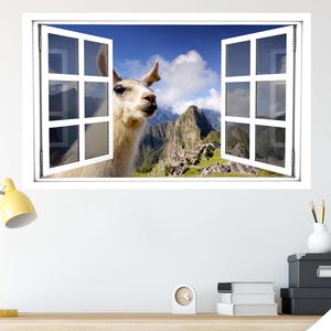 Window Scape Llama at Machu Picchu Wall Decal Instant 3D Open Window Wall Sticker Mural Peru Mountains Llamas Alpaca