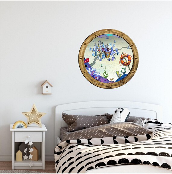 Port Scape Bikini Bottom Porthole 3d Window Wall Sticker Spongebob Wall Decal Removable Fabric Vinyl Childrens Kids Bedroom Playroom Decor